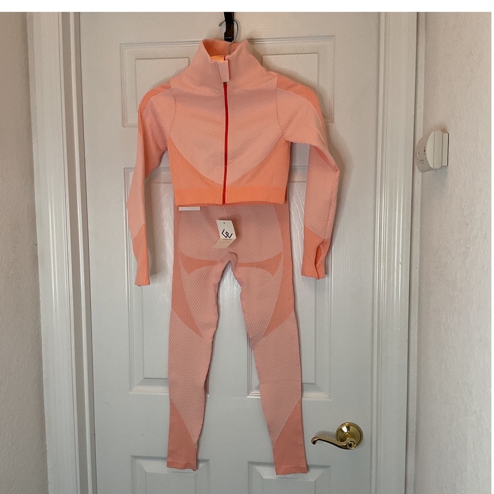 Comfort Labs Active Wear 2 Piece Seamless Workout Set Peach Orange Crop Jacket L